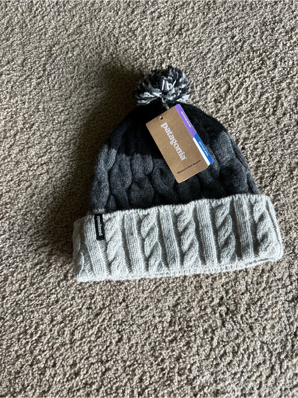 Patagonia Women’s Black & Light Gray Cable-Knit Pom Beanie
